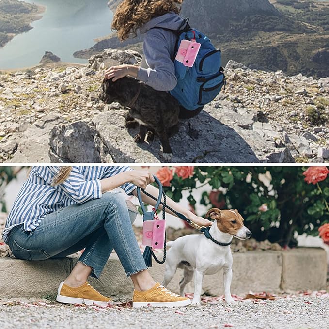 Dog Poop Bag Holder, Portable Dog Poop Bag Dispenser with 1 Metal Clip, Pink Button Canvas Poop Pag Polders for Leashes