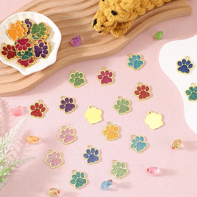 Abbylike 60 Pcs Personalized Dog Tags Blank Pet ID Tags Custom Glitter Paw Pet Tag Cute Metal Cat Name Tag Small DIY Engraved Puppy Name Tag for Dogs Pets(Gold)