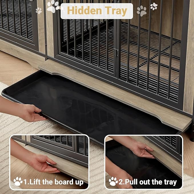 75'' Double Dog Crate Furniture for 2 Large Dogs, Heavy Duty Dog Crate, Furniture Style Dog Crate End Table, Wood Crates for Dogs Kennel Indoor, Decorative Dog Crate with Double Door, Grey
