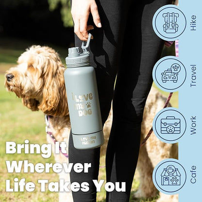 Dog Water Bottle for Dog Lovers - 32 oz Stainless Steel Double Wall Insulated Water Bottle with 8 oz Attached Dog Bowl - Dog Mom Gifts for Women for Travel, Hiking & Everyday Adventures - Smokey Grey