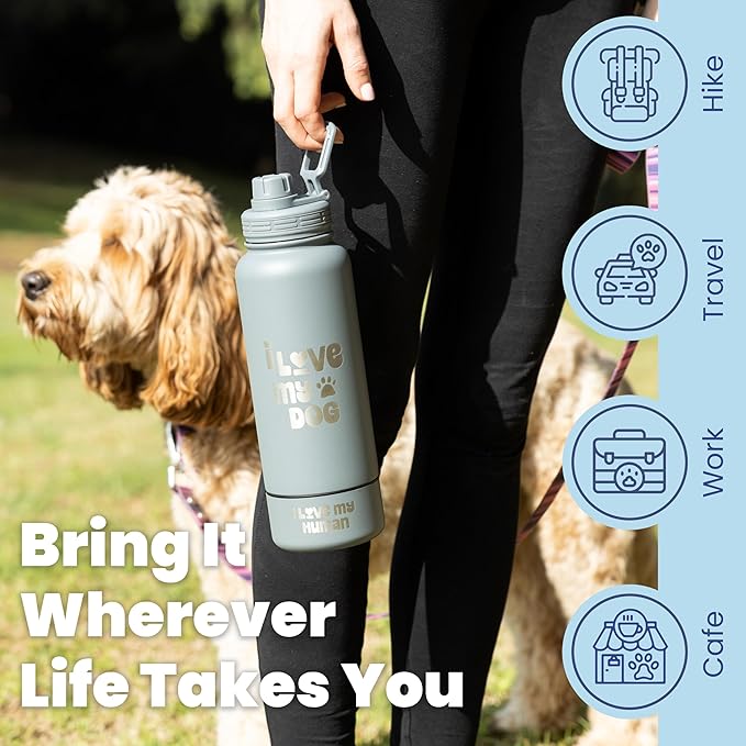 Dog Water Bottle for Dog Lovers - 32 oz Stainless Steel Double Wall Insulated Water Bottle with 8 oz Attached Dog Bowl - Best Dog Mom Gifts for Women - “Dogs are My Favorite People” - Black