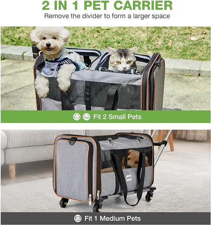 Lekereise Cat Dog Carrier with Wheels for 2 Cats, Expandable Double Cat Carrier with Wheels, Large Rolling Pet Carrier for 1 Large Cat/Dog or 2 Medium Cats, Wheeled Pet Carrier with Telescopic Handle