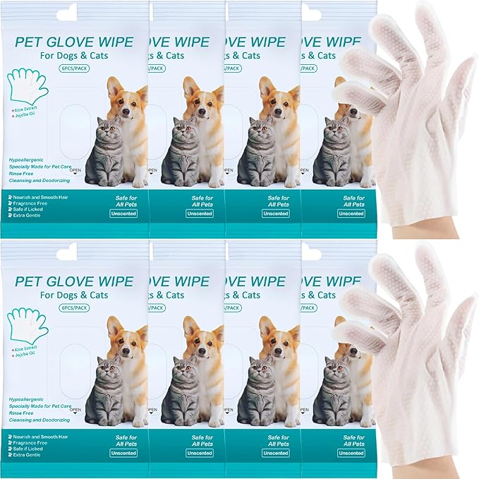 48 Pack Cleaning Glove for Dogs Cats and Pets Bathing Wipes Dry Cleaning Gloves Grooming Wipes Grooming for Dog and Cat Daily Care and Traveling