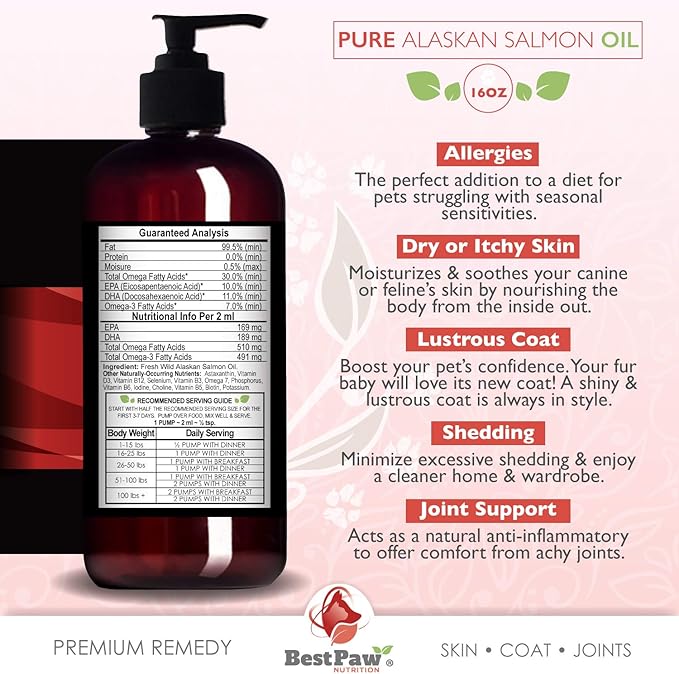 Pure Wild Alaskan Salmon Oil for Dogs & Cats Skin and Coat - Fish Oil Liquid with Pump - Supports Joint Function, Immune & Heart Health - Omega 3 Liquid Food Supplement - All Natural EPA + DHA - 16oz