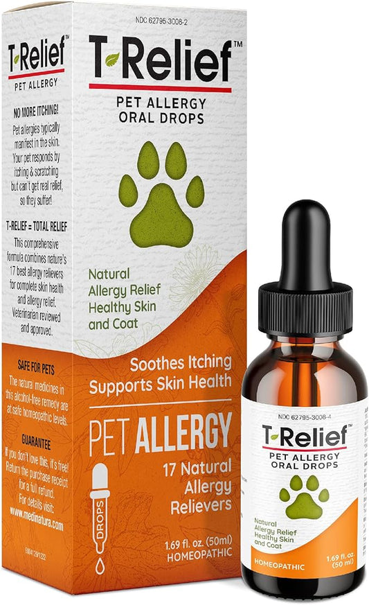 T-Relief Pet Allergy Support Drops for Dogs & Cats Itchy Relief Supports Healthy Skin & Coat Natural Medicine Helps Soothe Hot Spot Itching Paws Licking Runny Nose Sneezing Watery Eyes - 1.69 Fl oz