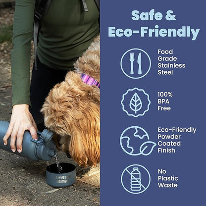 Dog Water Bottle for Dog Lovers - 32 oz Stainless Steel Double Wall Insulated Water Bottle with 8 oz Attached Dog Bowl - Dog Mom Gifts for Women for Travel, Hiking & Everyday Adventures - Dusty Blue