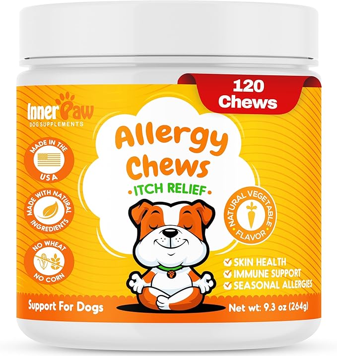 Dog Allergy Chews – 120 Soft Chews for Dog Allergy Relief – Natural Vegetable Flavor Allergy Immune Supplement for Dogs – Soothing and Calming Dog Treats