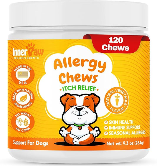 Dog Allergy Chews – 120 Soft Chews for Dog Allergy Relief – Natural Vegetable Flavor Allergy Immune Supplement for Dogs – Soothing and Calming Dog Treats