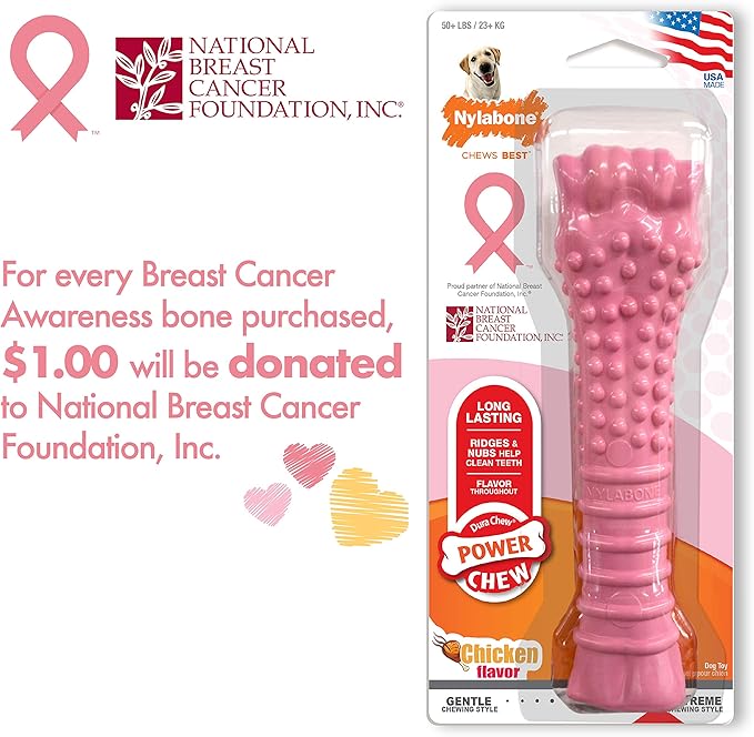 Nylabone Power Chew Breast Cancer Awareness Femur Bone Chew Toy for Dogs, Indestructible Dog Toys for Aggressive Chewers, Chicken Flavor, X-Large/Souper (1 Count)