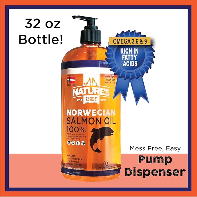 Nature's Diet Pet 32 oz Norwegian Salmon Oil Dogs & Cats - Natural Support for Joint Function Immune Heart Health Appetite Skin & Coat Omega 3 6 9 Liquid Food Topper EPA DHA Fatty Acids
