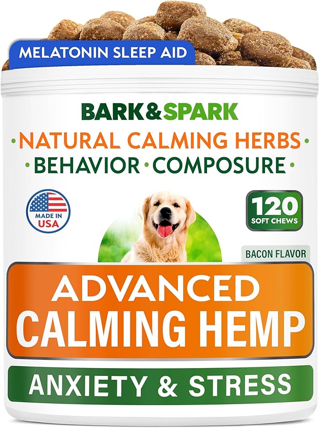 BARK&SPARK Advanced Calming Chews for Dogs - Anxiety Relief Treats - Melatonin + Hemp Oil - Separation Aid - Stress Relief During Fireworks, Storms, Thunder - Aggressive Behavior - SmokyBacon (120ct)