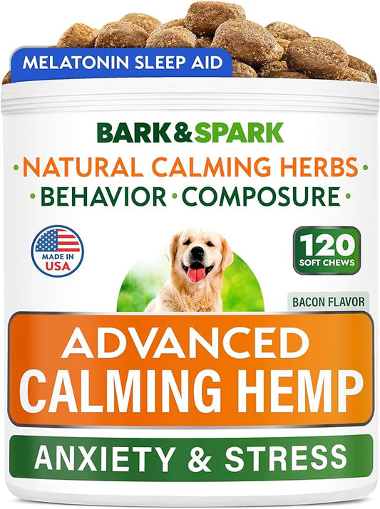 BARK&SPARK Advanced Calming Chews for Dogs - Anxiety Relief Treats - Melatonin + Hemp Oil - Separation Aid - Stress Relief During Fireworks, Storms, Thunder - Aggressive Behavior - SmokyBacon (120ct)