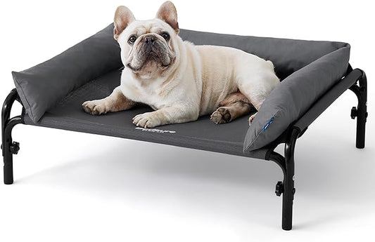 Bedsure Elevated Raised Outdoor Dog Bed - Cooling Dog Cot Bed with Bolster for Medium Dog, Lifted Pet Bed with Durable Breathable Teslin Mesh, Dog Hammock Bed with Non-Slip Feet, Grey, 32 inches