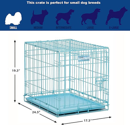 MidWest Homes for Pets Single Door Blue Folding Metal Dog Crate w/ Divider Panel, Floor Protecting 'Roller' Feet & Leak Proof Plastic Tray, 24L x 18W x 19H Inches, Small Dog Breed