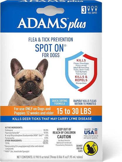 Adams Plus Flea & Tick Prevention Spot On for Dogs 15-30 Pounds, 12 Weeks & Older, 3-Month Supply, Kills Fleas, Flea Eggs, Flea Larvae & Brown Dog & Deer Ticks, Kills & Repels Mosquitoes For 30 Days