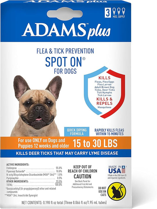 Adams Plus Flea & Tick Prevention Spot On for Dogs 15-30 Pounds, 12 Weeks & Older, 3-Month Supply, Kills Fleas, Flea Eggs, Flea Larvae & Brown Dog & Deer Ticks, Kills & Repels Mosquitoes For 30 Days