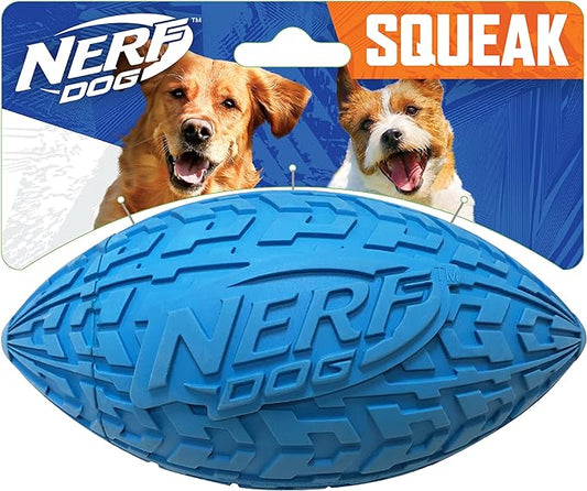 Nerf Dog Tire Football Dog Toy with Interactive Squeaker, Lightweight, Durable and Water Resistant, 6 Inch Diameter for Medium/Large Breeds, Single Unit, Blue (1571)