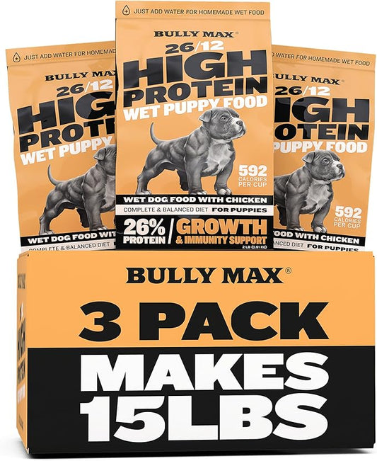 Bully Max 26/12 Wet Puppy Food - Instant Fresh Dehydrated High Protein Dog Food with Chicken - Healthy Growth for Small & Large Breed Puppies - 6 Dry Dog Food Pounds (Makes 16.5 lbs. of Wet Dog Food)
