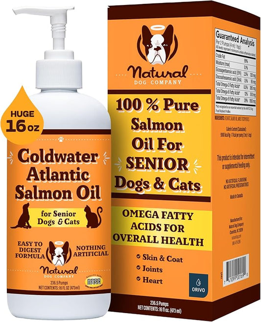 Natural Dog Company Coldwater Atlantic Salmon Oil for Dogs (16oz) - Senior Dog Fish Oil Supplement with Omega 3, Easy to digest for Senior Dog Fish Oil, Liquid Dog fish oil Joint Support Supplement