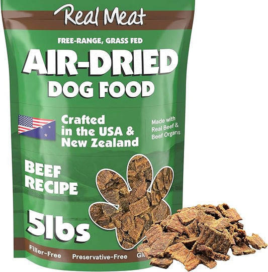 Real Meat Air Dried Dog Food w/Real Beef - 5lb Bag of USA-Crafted Grain-Free Real Meat Dog Food Sourced from Hormone-Free, Free-Range, Grass-Fed Beef - Digestible, All Natural, High Protein Beef