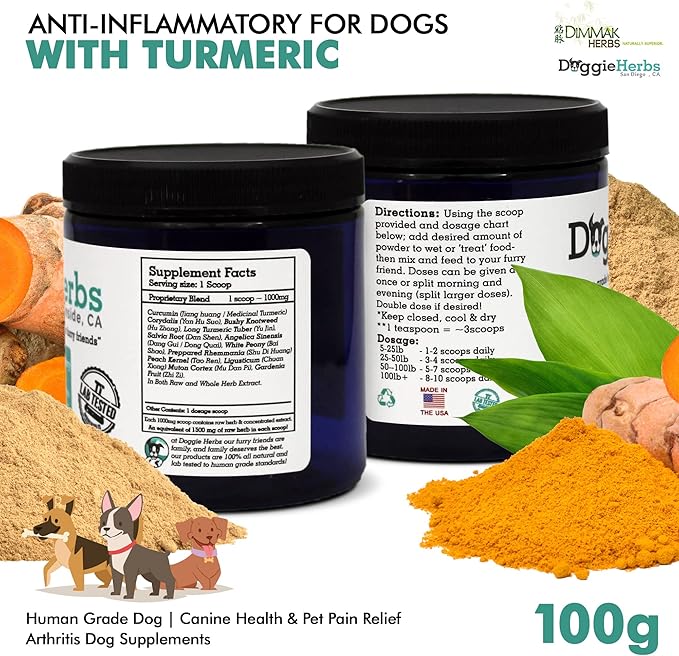 Anti-Inflammatory for Dogs w Turmeric (Curcumin) | Human Grade Dog Pain Relief, Arthritis Supplement – 100g by Doggie Herbs