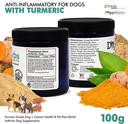 Anti-Inflammatory for Dogs w Turmeric (Curcumin) | Human Grade Dog Pain Relief, Arthritis Supplement – 100g by Doggie Herbs