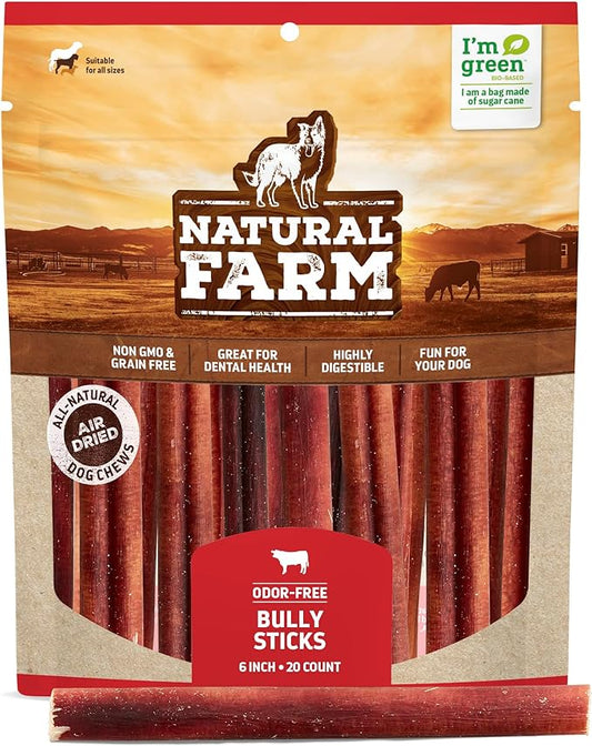 Natural Farm Odor-free Bully Sticks (6 Inch, 20 Pack), 100% Beef Chews for Pups, Small and Medium Dogs, Non-GMO, Grain-Free, Fully Digestible, Natural Treats to Keep Your Dog Busy