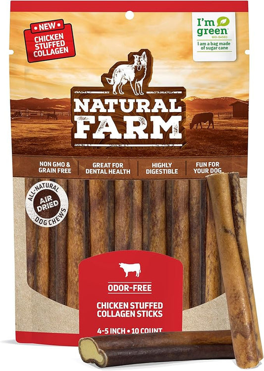 Natural Farm Chicken Stuffed Collagen Chews for Dogs (4-5 Inch, 10 Pack), Rawhide-Free Collagen Sticks, Odor-Free Natural Dog Chews, Long Lasting Treats for Small, Medium Dogs