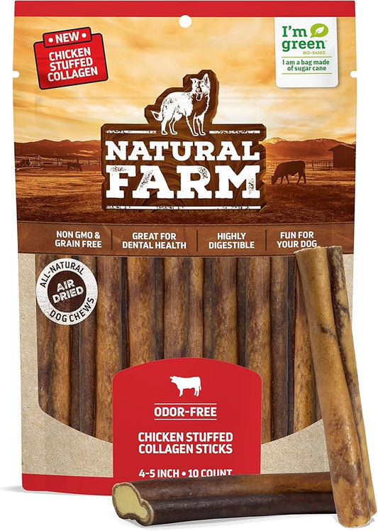 Natural Farm Bully Sticks Stuffed Collagen Sticks for Dogs (4-5 Inch, 10-Pack), Rawhide-Free Collagen Sticks, Natural Dog Chews, Long Lasting, Small, Medium and Large Dogs, Great Rawhide Alternative