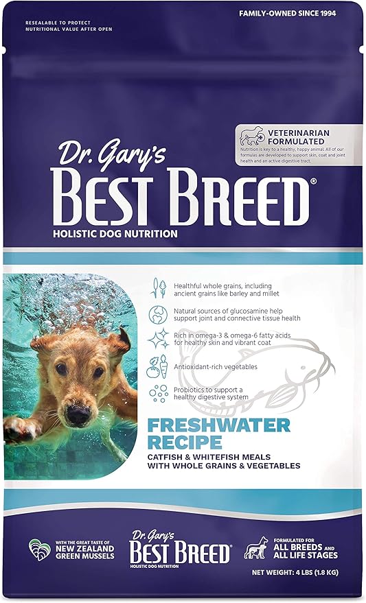 Best Breed Dr. Gary's Freshwater Recipe Slow-cooked in USA [Natural Dry Dog Food for All Breeds and Sizes] - 4lbs.
