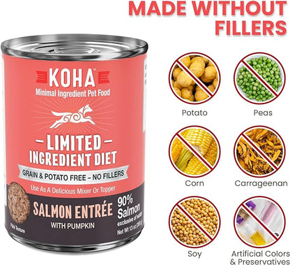 KOHA Limited Ingredient Diet Salmon Entrée for Dogs - Dog Food Toppers for Picky Eaters - Sensitive Stomach Canned Dog Food - Pate Dog Food - 13 oz Pack of 12