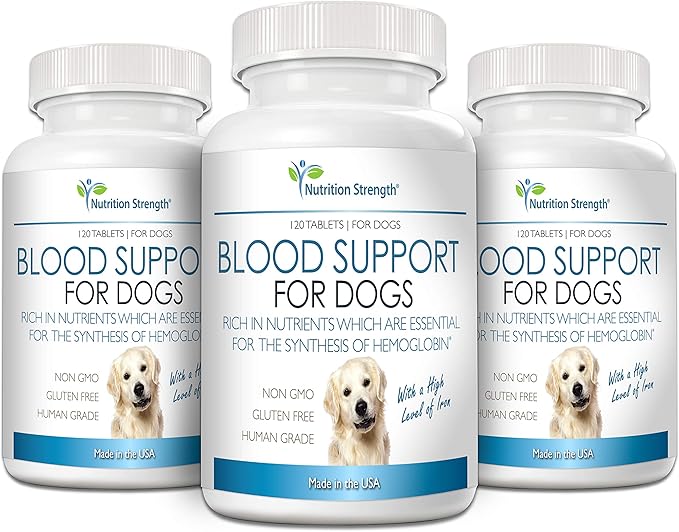 Blood Support for Dogs, Supplement for Anemia in Dogs, Promotes Red Blood Cell Health, with a High Level of Iron, Vitamin B12, Organic Spirulina and Purpurea, 120 Chewable Tablets