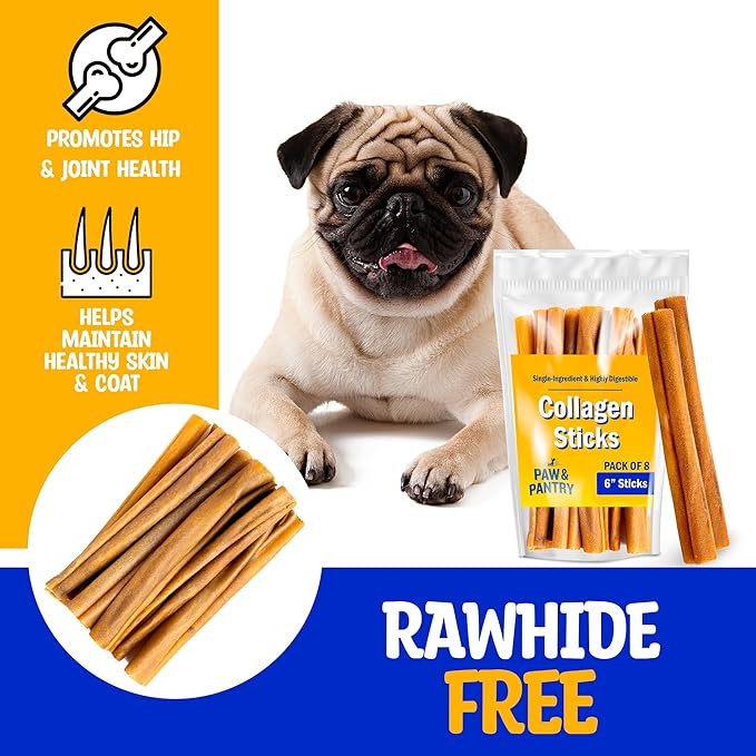 Paw & Pantry 6" Beef Collagen Sticks for Dogs (8 Pk) - Rawhide Free All Natural Collagen Chews for Dogs - Long Lasting Dog Collagen Sticks - Dog Treats Promote Hip, Joint, Skin, Coat, & Dental Health