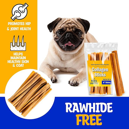 Paw & Pantry 6" Beef Collagen Sticks for Dogs (8 Pk) - Rawhide Free All Natural Collagen Chews for Dogs - Long Lasting Dog Collagen Sticks - Dog Treats Promote Hip, Joint, Skin, Coat, & Dental Health