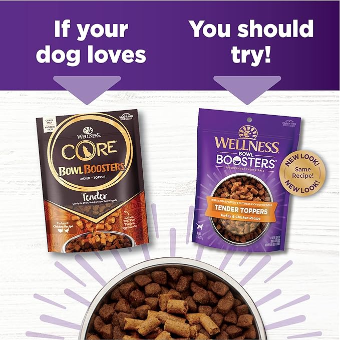 Wellness Tender Toppers (Previously Core Bowl Boosters), Grain-Free Natural Dog Food Toppers or Mixers, Made with Real Meat (Turkey & Chicken, 8 oz Bag)