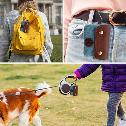 Dog Poop Bag Holder, Portable Dog Poop Bag Dispenser with 1 Metal Clip, Jeans & PU Leather Poop Pag Polders for Leashes