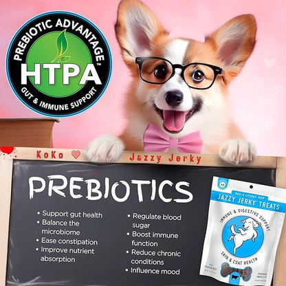 Jazzy Jerky Treats for Dogs, Wag-A-Licious Beef with Prebiotics for Gut & Immune Health, Omega 3s & 6s for Skin & Coat Health, Made in USA, 5 oz