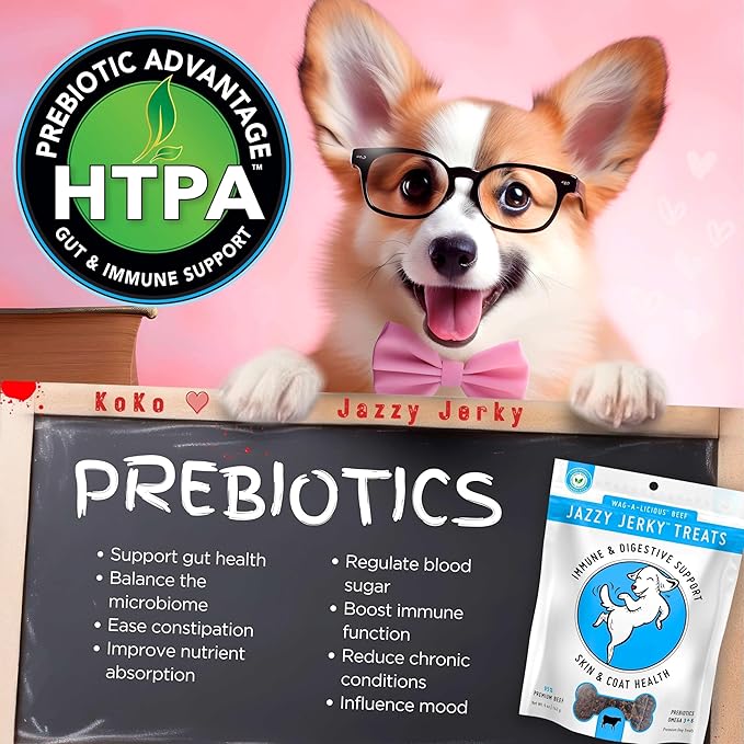 Jazzy Jerky Treats for Dogs, Wag-A-Licious Beef with Prebiotics for Gut & Immune Health, Omega 3s & 6s for Skin & Coat Health, Made in USA, Small-Large Dogs,10 oz