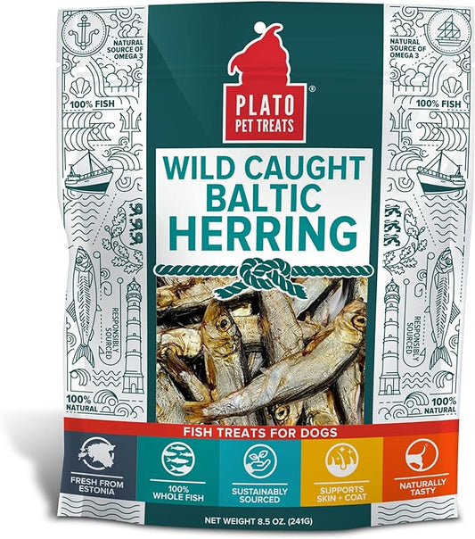 PLATO Pet Treats Air Dried Dog Treats Baltic Herring Dog Treat, Real Fish, Grain-Free, Baltic Herring, All Natural, Single Ingredient Fish, 8.5oz