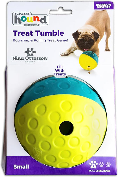 Outward Hound Nina Ottosson Treat Tumble Interactive Treat Ball Dog Puzzle Dog Enrichment Dog Toy, Level 1 Beginner, Blue, Small