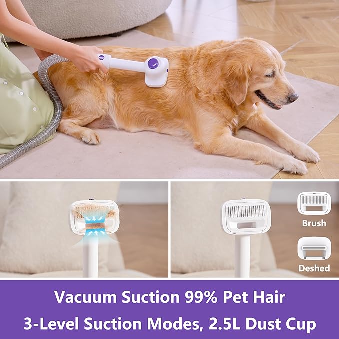 GROBELL Dog Blow Dryer & Grooming Vacuum Kit: 2.5L 16kPa Professional Dog Clippers Groomer for Pet Hair Tool Cat Trimmer for Long or Short Hair Dogs Shavers for Thick Coat Shedding Brush & Deshedding