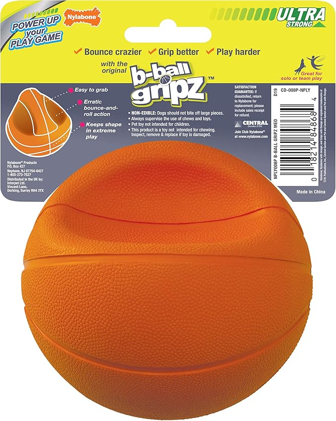 Nylabone Power Play Basketball B-Ball Gripz Fetch Toy, Squeaky Ball Chew Toy for Dogs, Medium (1 Count)