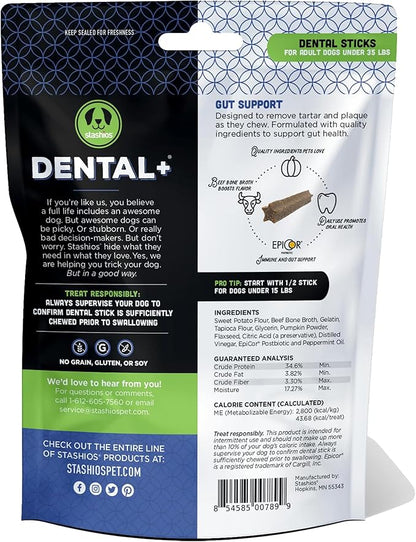Dental+ Sticks for Dogs Under 35 lbs- Gut Support, with Beef Bone Broth, All Natural, EpiCor postbiotic, Made in The USA, Dental+ Bag, S/M - 7 oz.