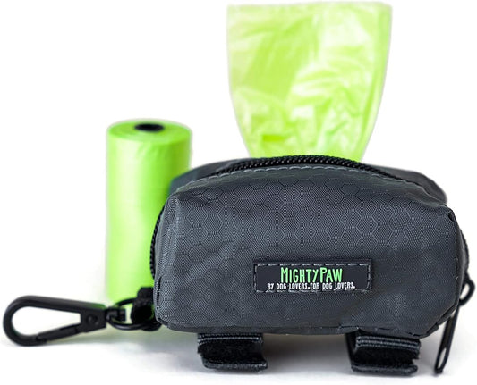 Mighty Paw Dog Poop Bag Holder - Zippered Pouch with Carabiner Hook - Includes Roll of Pick-up Bags - Pet Bag Holder - Poop Bag Dispenser - Dog Bags Traveling - Dog Waste Bag Holder - (Grey/Green)