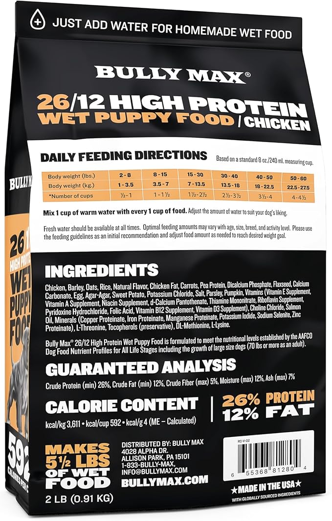 Bully Max Wet Puppy Food - Dehydrated High Protein Dog Food with Chicken - Growth & Immune Support for Small & Large Breed Puppies - 20 Dry Dog Food Pounds (Makes 55 lbs. of Wet Dog Food, 10 Pouches)
