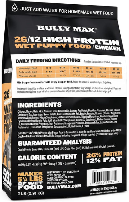 Bully Max Wet Puppy Food - Dehydrated High Protein Dog Food with Chicken - Growth & Immune Support for Small & Large Breed Puppies - 20 Dry Dog Food Pounds (Makes 55 lbs. of Wet Dog Food, 10 Pouches)