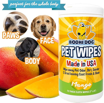 Bodhi Dog Pet Wipes | Wipes for Dog Grooming | Wipe Away Pet Odors & Deodorizes Coat | No Parabens or SLS | Large Wet & Thick Pet Wipes | Best for Cleaning Dogs and Cats (Mango, 75CT)
