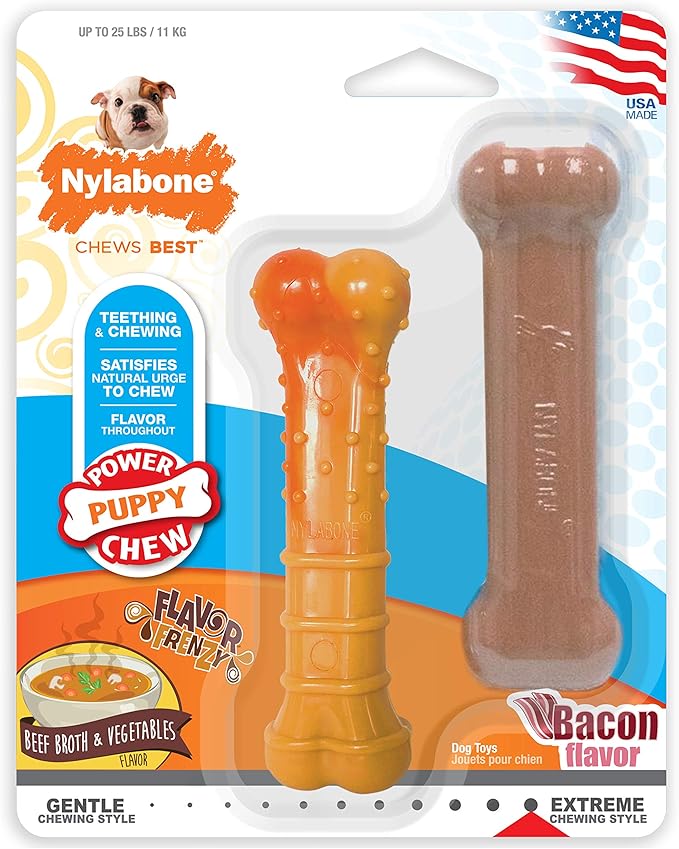 Nylabone Puppy Power Chew Toy - Tough and Durable Puppy Chew Toy for Teething - Puppy Supplies - Bacon & Beef Broth Flavor, Small (2 Count)
