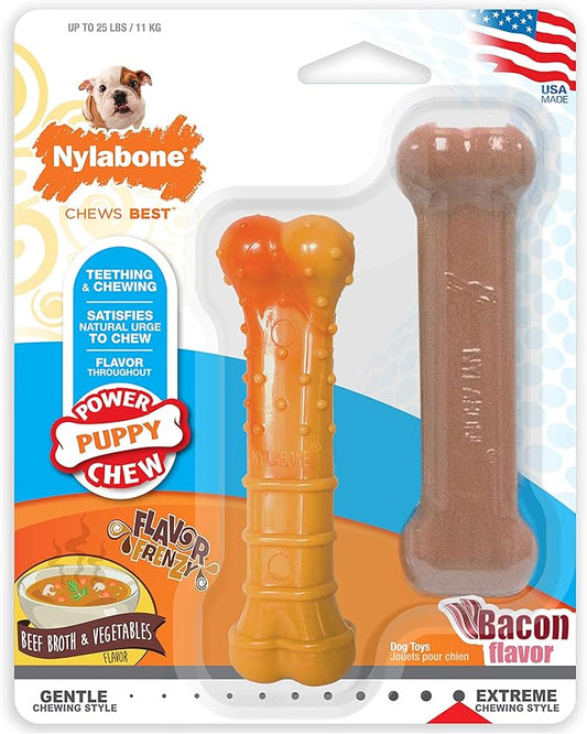 Nylabone Puppy Power Chew Toy - Tough and Durable Puppy Chew Toy for Teething - Puppy Supplies - Bacon & Beef Broth Flavor, Small (2 Count)