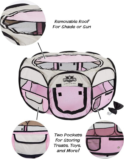 Portable Puppy Playpen - Small Pop-Up Play Yard for Pets Up to 25lbs with Mesh Windows, 2 Pockets, Zippered Roof, and Carry Bag by PETMAKER (Pink)